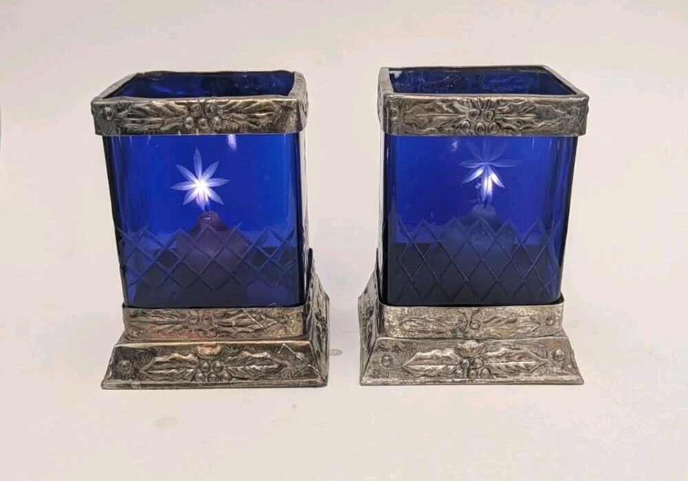 Cobalt Blue Cut Glass Candle Holder, Holly Berry Silver Plate PAIR Christmas